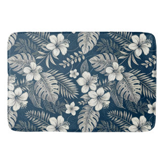Navy Blue Hibiscus Monstera Tropical Botanical Badematte