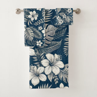 Navy Blue Hibiscus Monstera Tropical Botanical Badhandtuch Set