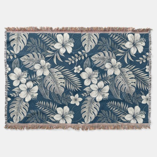 Navy Blue Hibiscus Monstera Tropical Botanical Decke (Vorderseite)