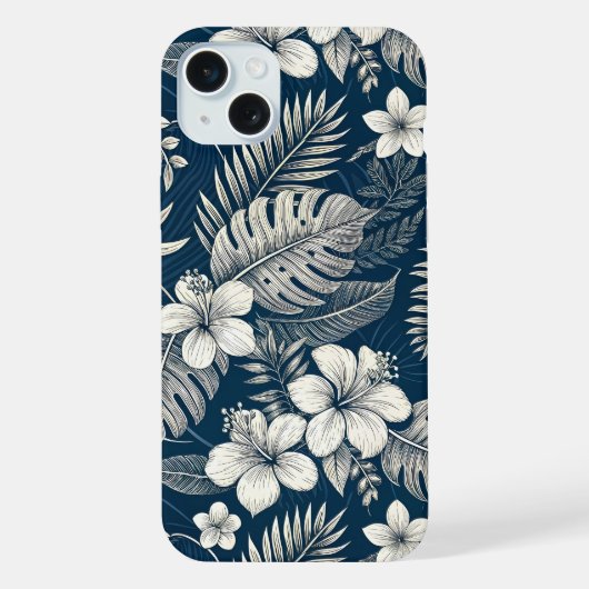 Navy Blue Hibiscus Monstera Tropical Botanical iPhone Hülle (Rückseite)