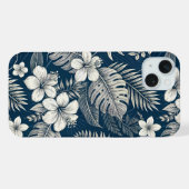 Navy Blue Hibiscus Monstera Tropical Botanical iPhone Hülle (Rückseite (Horizontal))