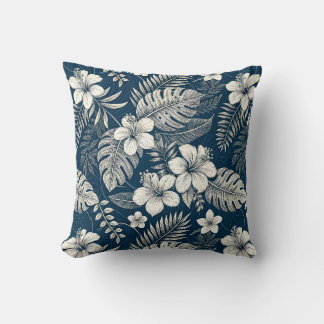 Navy Blue Hibiscus Monstera Tropical Botanical Kissen