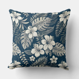Navy Blue Hibiscus Monstera Tropical Botanical Kissen