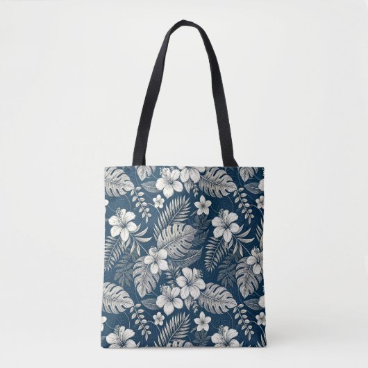 Navy Blue Hibiscus Monstera Tropical Botanical Tasche (Vorderseite)
