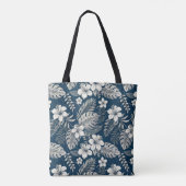 Navy Blue Hibiscus Monstera Tropical Botanical Tasche (Rückseite)