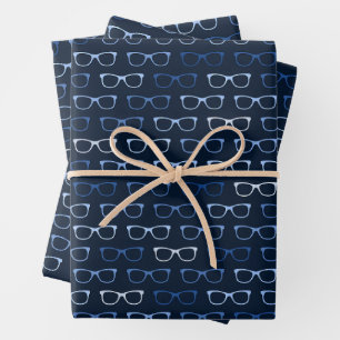 Navy Blue Hipster Glasses Pattern Nerd Geschenkpapier Set