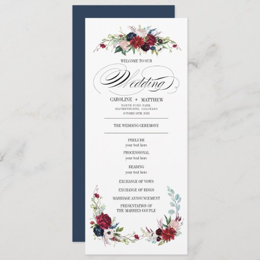 Navy Blue | Hochzeitsprogramm für Burgund Rote Flo Einladung (Vorne/Hinten)