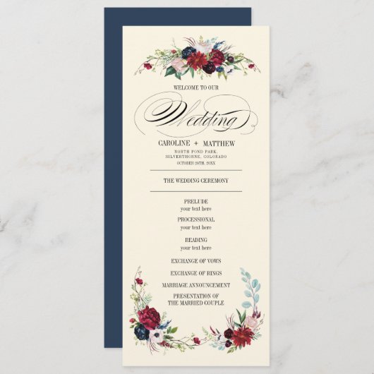 Navy Blue | Hochzeitsprogramm für Burgund Rote Flo Einladung (Vorne/Hinten)