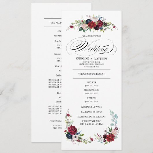 Navy Blue | Hochzeitsprogramm für Burgund Rote Flo Einladung (Vorne/Hinten)