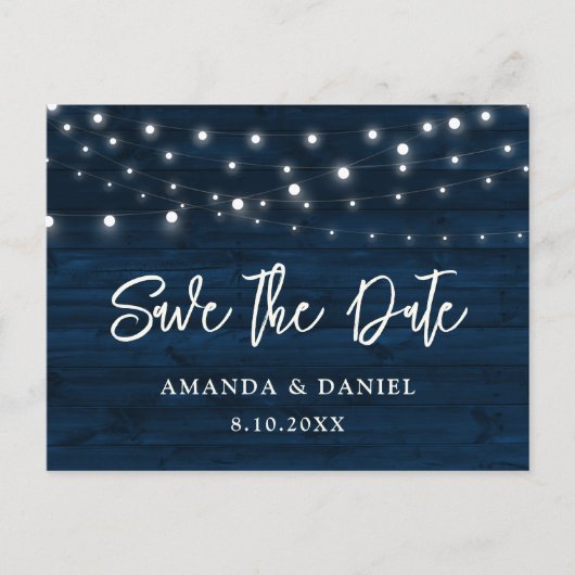 Navy Blue Holding String Lichter Hochzeit speicher Postkarte (Vorderseite)