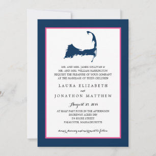 Navy Blue Hot Pink Cape Cod Map Hochzeit Einladung