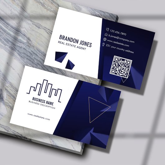 Navy Blue House Logo, Real Estate Agent, QR Code Visitenkarte