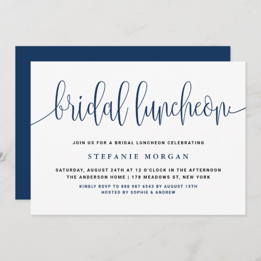Navy Blue Hübsch Calligraphy Bridal Luncheon Einladung (Vorne/Hinten)