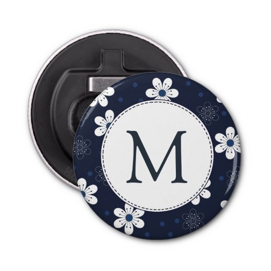 Navy Blue Hübsch Floral Monogram Flaschenöffner (Vorderseite)