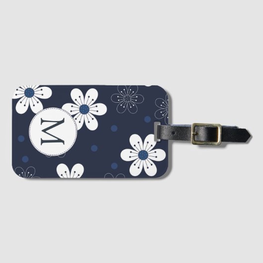 Navy Blue Hübsch Floral Monogram Gepäckanhänger (Vorderseite (Horizontal))