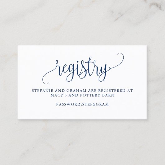 Navy Blue Hübsch Script Wedding Gift Registry Visitenkarte (Vorderseite)