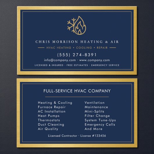 Navy Blue HVAC Company QR Code Gold Metallic Visitenkarte