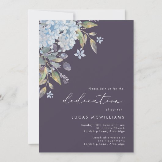 Navy Blue Hydrangeas Baby Dedication Einladung (Vorderseite)