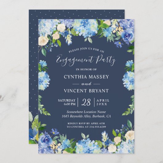 Navy Blue Hydrangeas Floral Engagement Party Einladung (Vorne/Hinten)