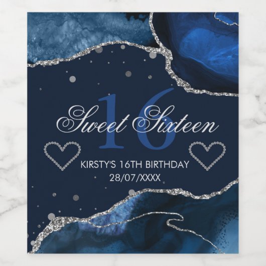 Navy Blue & Imitate Silver Glitzer Agate Sweet 16 Weinetikett (Einzelnes Label)