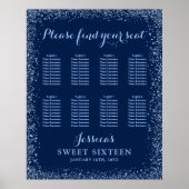 Navy Blue Imitats Glitzer Sweet 16 Seating Chart Poster (Vorne)