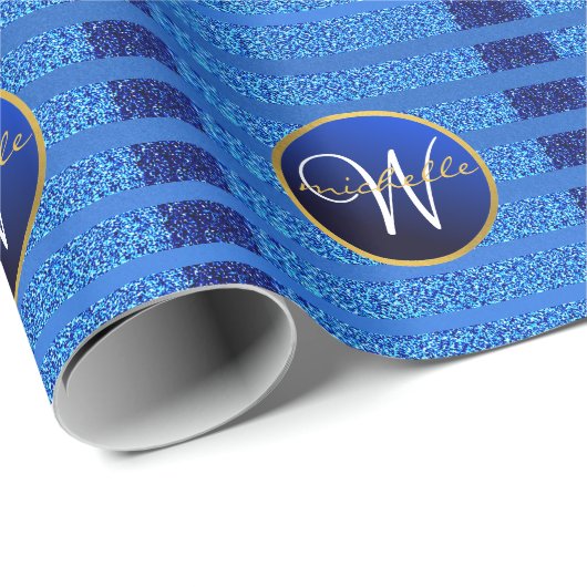 Navy Blue Imitats Glitzern Bokeh Funkelnd Monogram Geschenkpapier (Rolleneckpunkt)