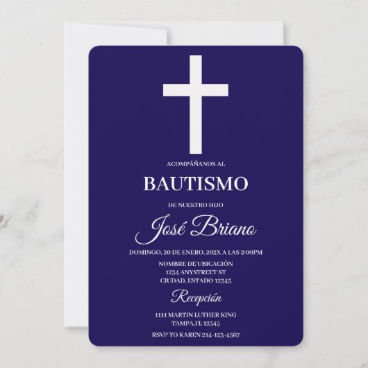 Navy blue in Spanish Baptism Einladung (Vorderseite)