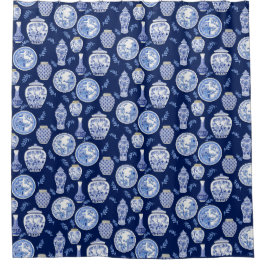 Navy Blue in White Chinoiserie Asian Floral Duschvorhang