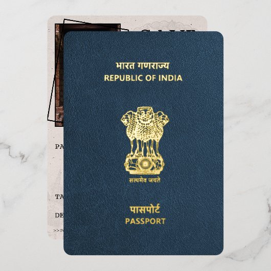 Navy Blue India Passport Save the Date Folieneinladung (Vorderseite/Rückseite)