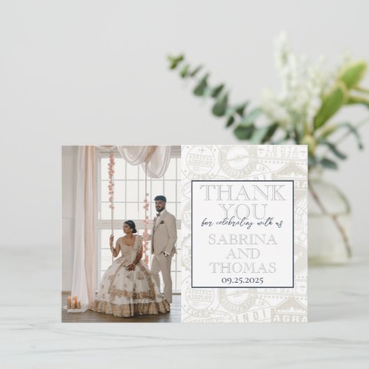 Navy Blue India Wedding Foto Vielen Dank Dankeskarte (Stehend Vorderseite)