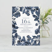 Navy Blue Indigo Blätter 16. Geburtstag Einladung (Stehend Vorderseite)