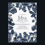 Navy Blue Indigo Blätter 16. Geburtstag Einladung<br><div class="desc">Navy Blau/Indigo Blätter und Blumen auf Weiß 16. Geburtstag Einladung. Kontaktieren Sie uns für Hilfe bei der Anpassung oder der Anpassung von Produkten.</div>