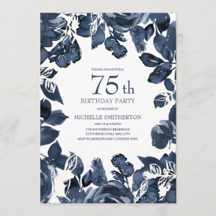 Navy Blue Indigo Blätter 75. Geburtstag Einladung
