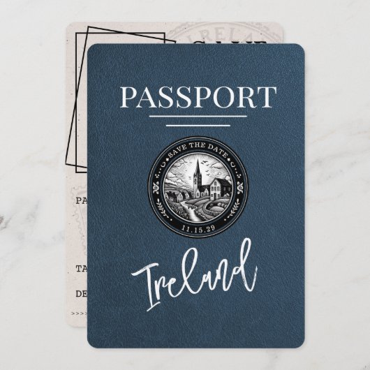 Navy Blue Ireland Passport Save the Date (Vorne/Hinten)