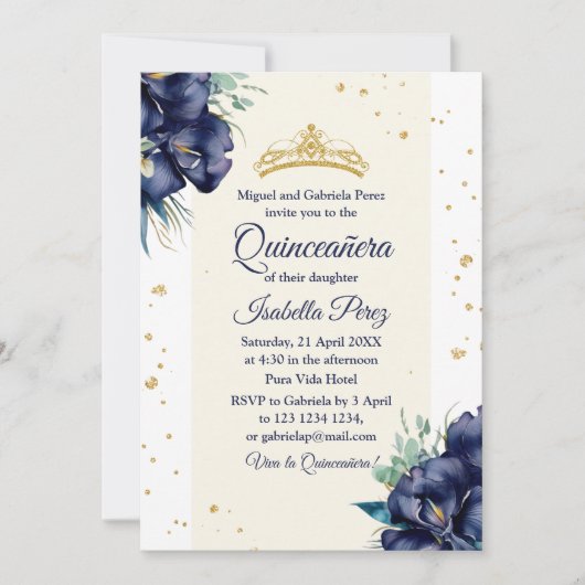 Navy Blue Iris und Glitzer Tiara Quinceanera Einladung (Vorderseite)