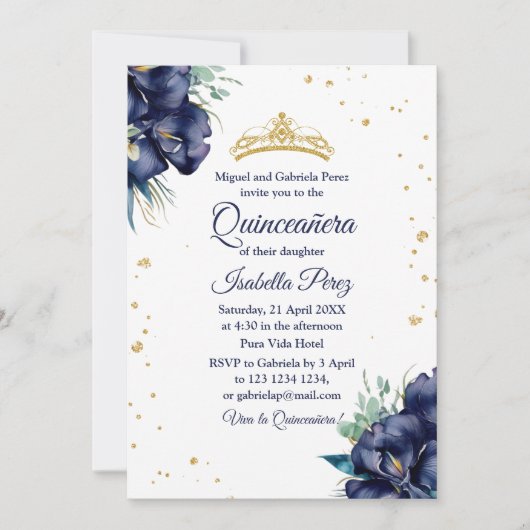 Navy Blue Iris und Glitzer Tiara Quinceanera Einladung (Vorderseite)
