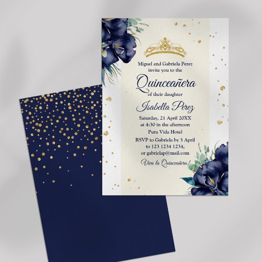 Navy Blue Iris und Glitzer Tiara Quinceanera Einladung