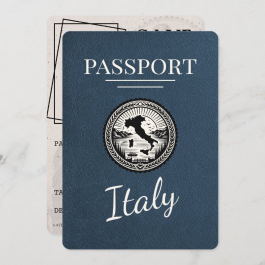 Navy Blue Italy Passport Save The Date (Vorne/Hinten)