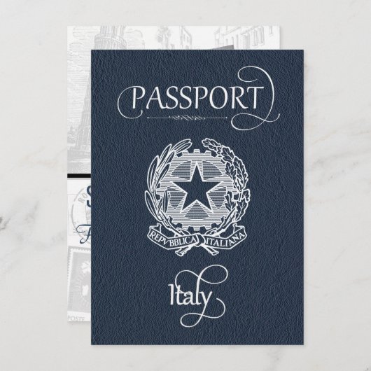 Navy Blue Italy Passport Save the Date (Vorne/Hinten)