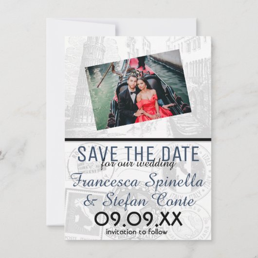 Navy Blue Italy Passport Save the Date (Rückseite)