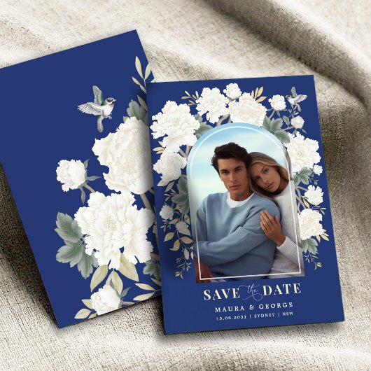 Navy Blue Ivory Chinoiserie Floral Save the Date Einladung