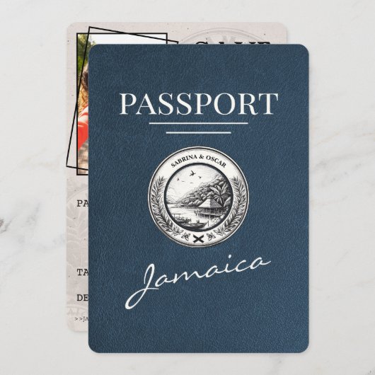 Navy Blue Jamaica Passport Save the Date (Vorne/Hinten)