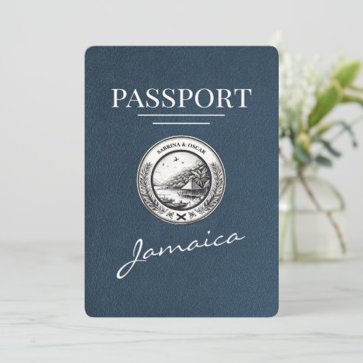 Navy Blue Jamaica Passport Save the Date (Stehend Vorderseite)