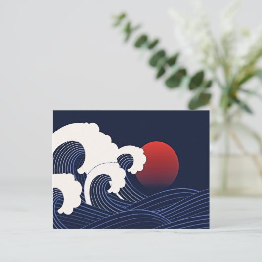 Navy Blue Japanischer Wave mit Red Moon Zeichnend Postkarte (Stehend Vorderseite)