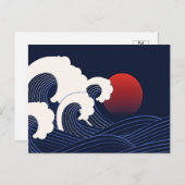 Navy Blue Japanischer Wave mit Red Moon Zeichnend Postkarte (Vorne/Hinten)