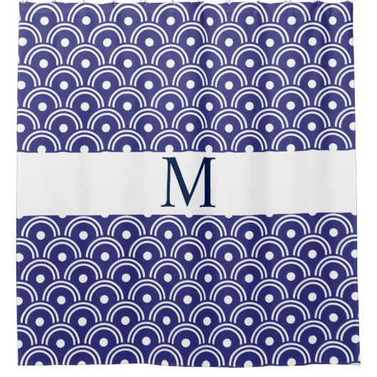 Navy Blue Japanisches Muster Monogram Duschvorhang (Vorderseite)