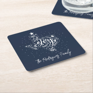 Navy Blue Joy Holiday Blätter Texas Shape Rechteckiger Pappuntersetzer