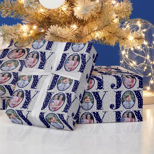 Navy Blue JOY und Schneeflocken zwei Foto Weihnach Geschenkpapier (Feiertage)