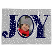 Navy Blue JOY und Schneeflocken zwei Foto Weihnach Große Geschenktüte (Rückseite)
