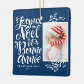 Navy Blue Joyeux Noël und Bonne Année Foto Keramikornament (Links)